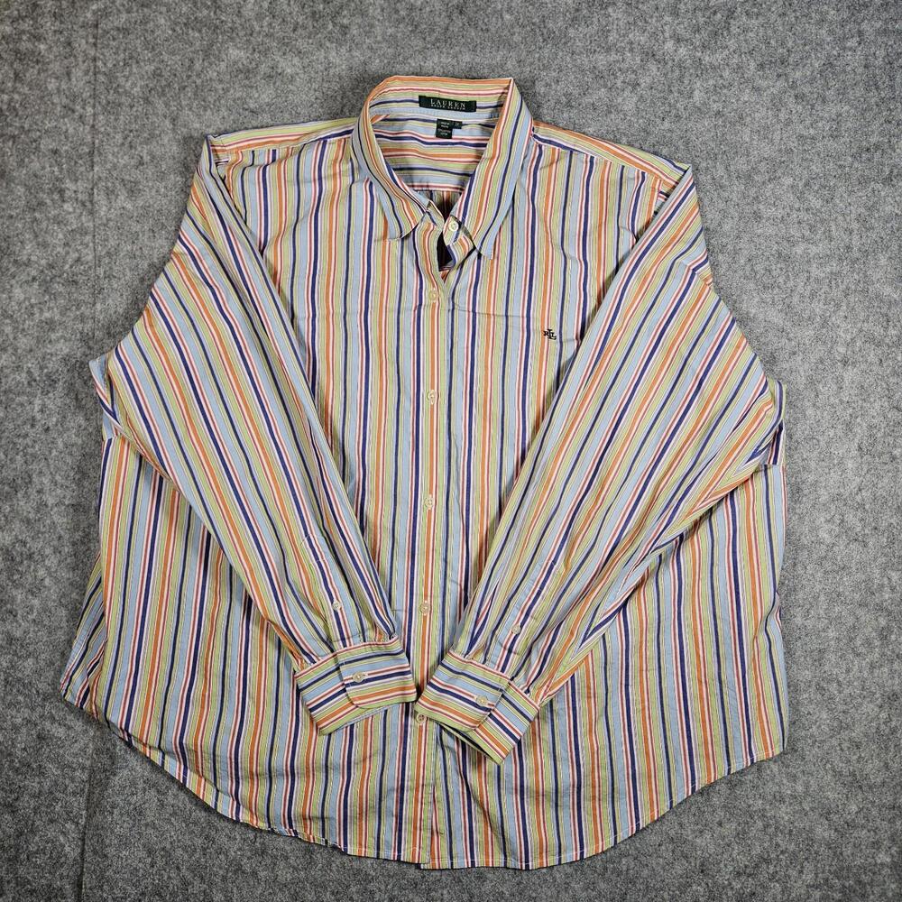 Lauren Ralph Lauren Womens Blue Orange Red Stripe Cotton Dress Shirt Logo Sz 2X